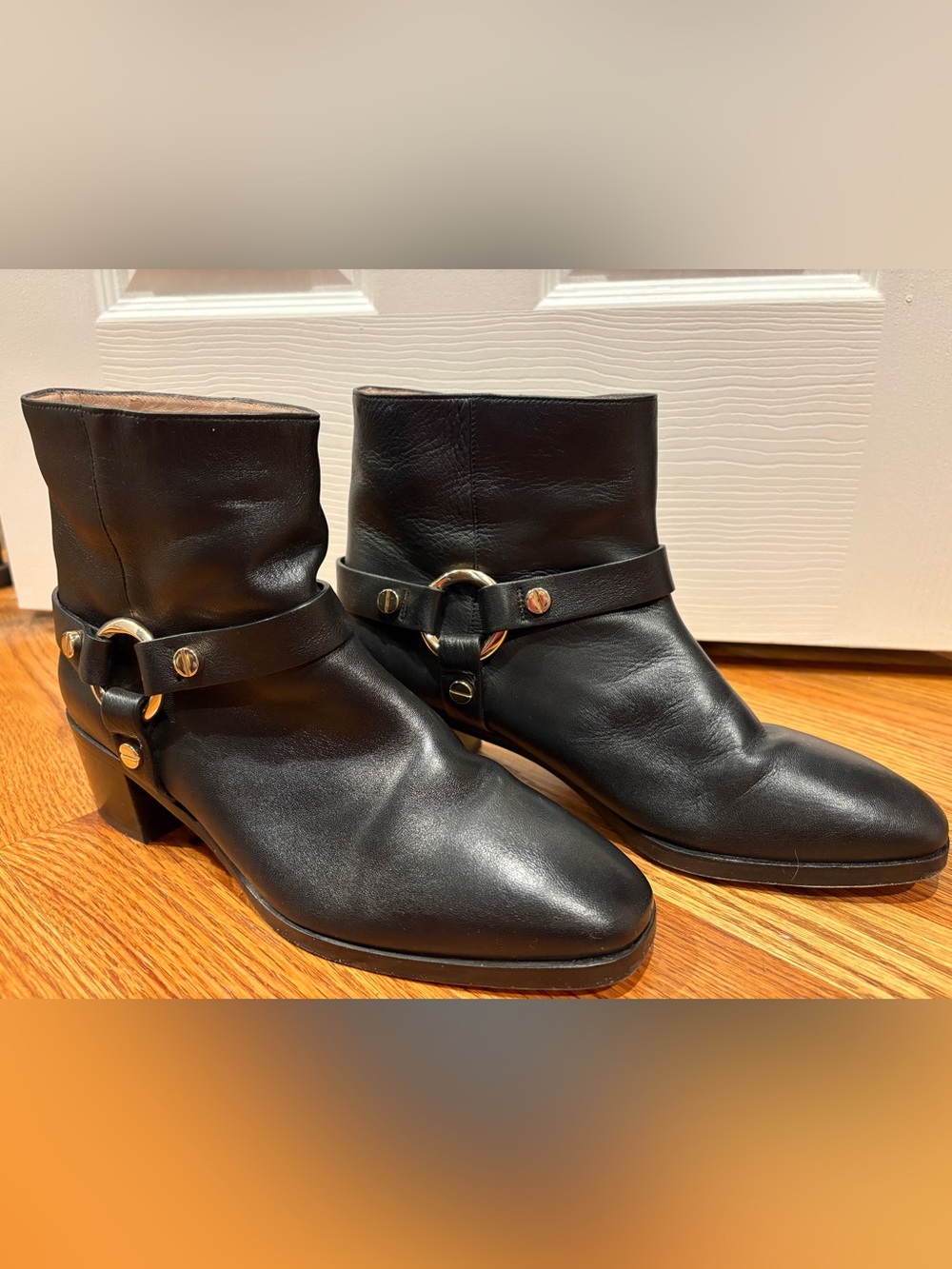 Stuart Weitzman Black Leather Harness Ankle Boot | Silver Hardware | Size 9